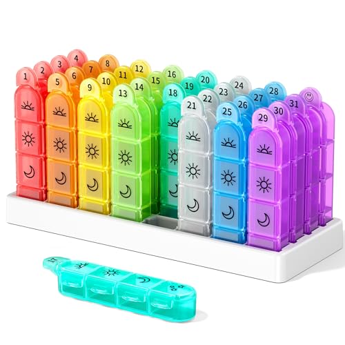 Colorwing Portapillole Mensile - Con 32 Porta Pillole Mensile Rimovibili (Portapillole da Viaggio 30 Giorni), Porta Pillole Mensile 31 Giorni 4 Dosi Giornaliere, Ideale per Vitamine e Integratori