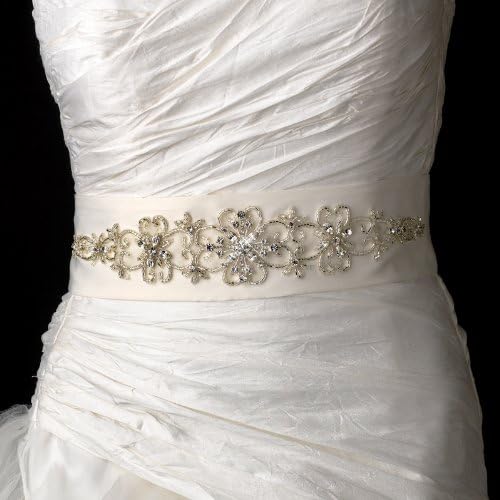 Beautiful Marquise Rhinestone Beaded Floral Wedding Bridal Sash Belt - Ivory