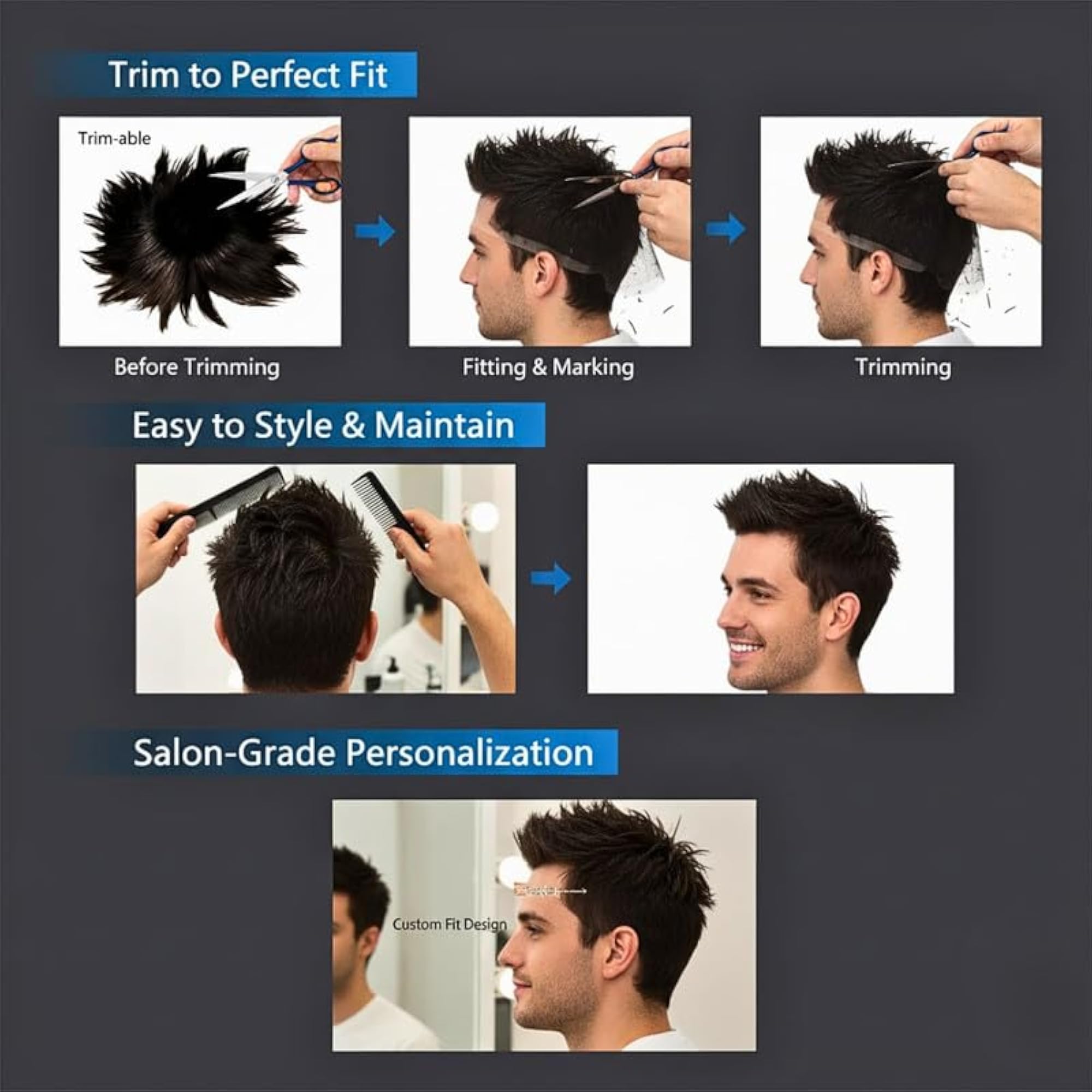 Men's Soft Black Human Hair Smart Patch Wig, Easy Fit