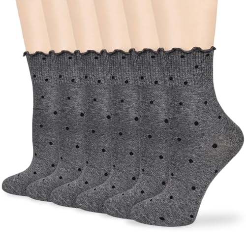 Image of Mcool Mary Women's Ruffle Socks,Casual Ankle Breathable Knit Cotton Cute Polka Dot Crew Frilly Sock 6 Pack