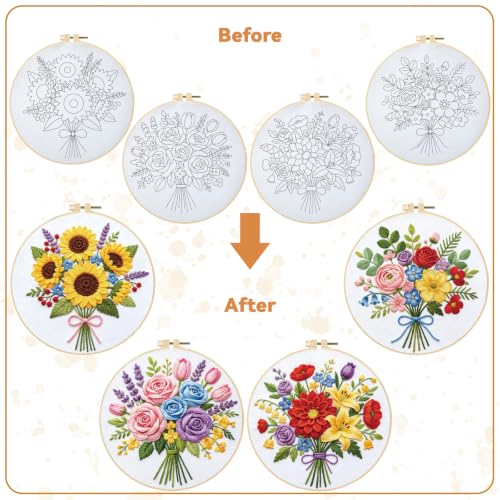 Image of BEUNITONE 4pcs Embroidery Kit, Flower Stamped Embroidery Kits with Hoop, Thread & Needles, Colorful Bouquet Cross Stitch Kits Sewing Gifts for Adults and Beginners, DIY Craft for Relaxation