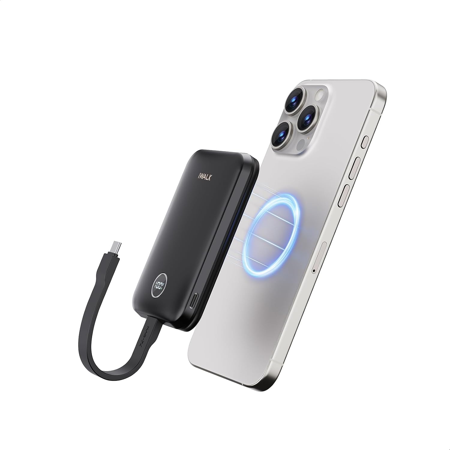Black iWALK power bank with LED display and detachable USB-C cable