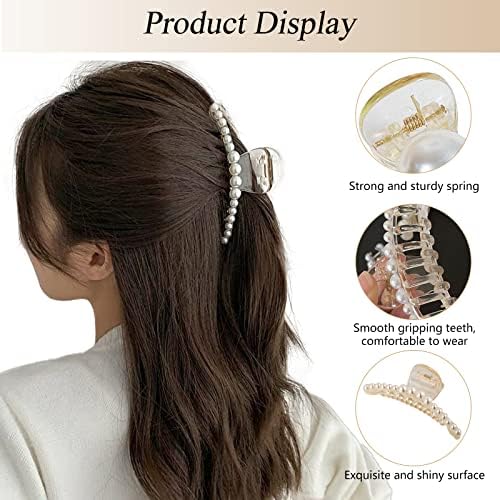 4 PCS Hair Claw Clips, VEGCOO Large Pearl Hair Jaw Clips Non-slip Claw Cratch Strong Hold Hair Clamp, Hair Styling Accessories for Women and Girls Thick Thin Hair (4 * Pearl Claw Clips)