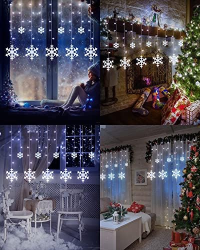 iShabao Christmas Snowflake Curtain Lights, 168 LED Curtain Fairy Lights, 8 Modes Christmas Fairy Window Lights for Party, Wedding, Garden, Bedroom, Xmas Decorations (White)