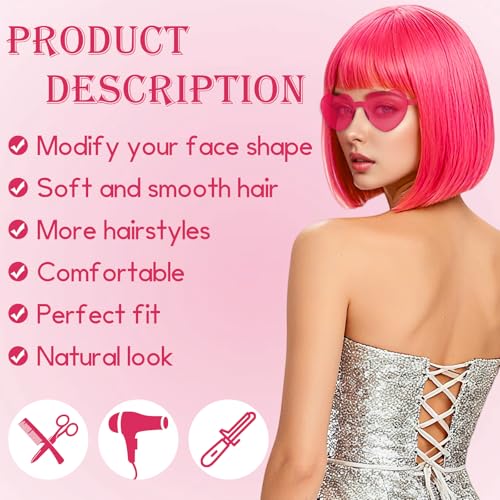 Image of 2 Pack Colored Bob Wigs and Heart Sunglasses Set, Green Hot Pink Short Straight Bob Wig with Bangs Neon Party Colorful Synthetic Hair for Women Men Halloween Costume Bachelorette Party Favors