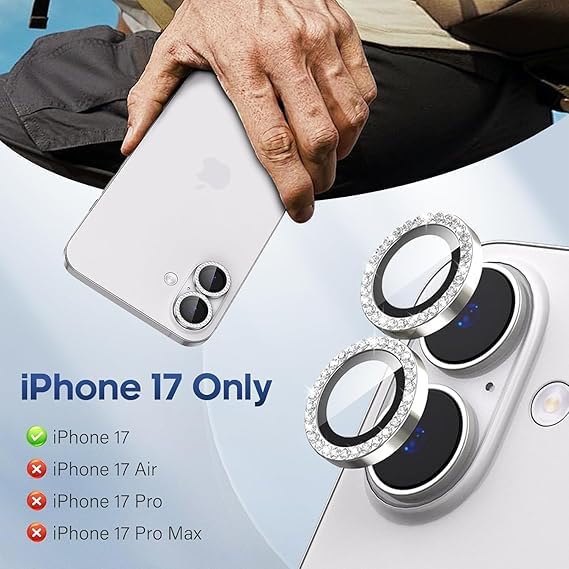 Image of Choiche for iPhone 17 Camera Lens Protector Bling, Individual Diamond Metal Ring with 9H Hardness, Scratch-Proof Camera Screen Protector, Stylish Accessories, Case Friendly (Silver Diamond)