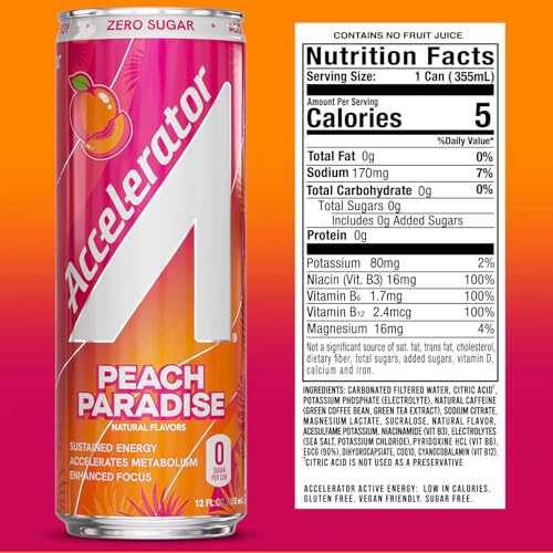Image of Accelerator Active Energy Drink, Peach Paradise 12oz can (12 pack) | Zero Sugar, Sustained Energy from 100% Natural Caffeine (200mg from Green Coffee Bean & Green Tea extract)