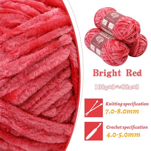 Image of LUNARM Chenille Yarn 3 Pack 3.5oz Chunky Blanket Velvet Yarn 263 Yard | Bright Red Chunky Chenille Yarn for Beginners Crocheting Hand Knitting Scarves with Big Eye Needles Machine Washable