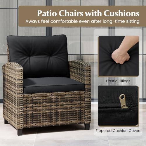 Image of Tangkula 3 Piece Patio Furniture Set, Rattan Conversation Set w /Soft Seat & Back Cushions, Tempered Glass Topped Coffee Table, Cushioned Wicker Seating Set for Backyard, Porch, Poolside