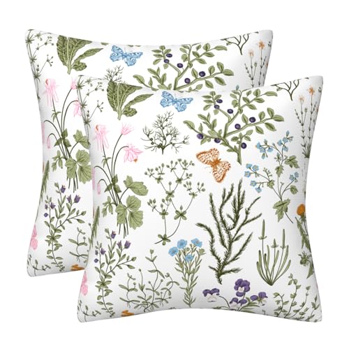 Set of 2 Sage Green Wild Flower Plant Cushion Cover 45 x 45 Spring Summer Floral Soft Velvet Pillow Covers Decor Square Cushions Cases for Sofa Bed Couch Outdoor Home Decorations 18 x 18 Inch