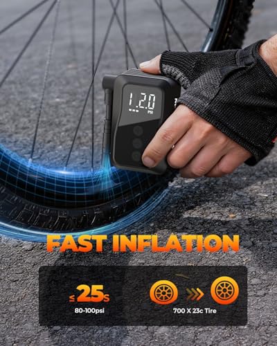 Image of MEGAWHEELS Mini Bike Pump with Gauge, 120 /150PSI Bike Tire Inflator with Presta & Schrader Valve, Portable Electric Air Pump Auto Stop, Fast Inflation for E-Bike, Mountain Bike, Scooter, Balls