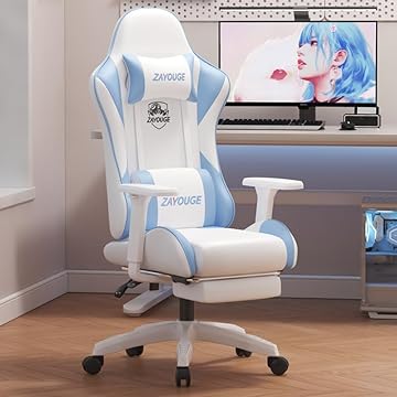 Cadeira gamer com apoio para os pés e com apoio de braço 3D, ajuste de altura de assento reclinável com encosto de cabeça e lombar, ajuste de inclinação (Branco e Azul do Céu)