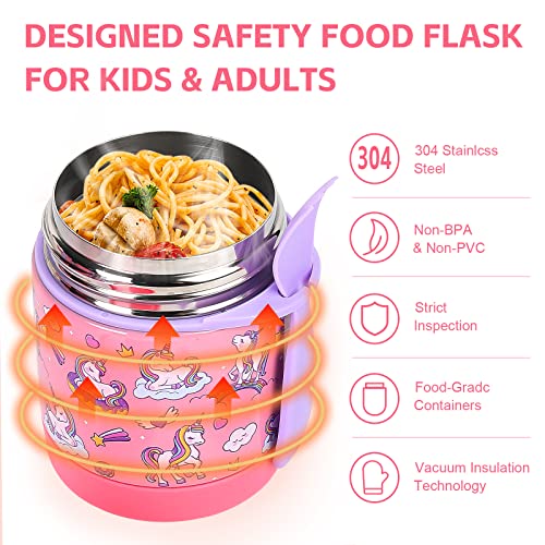 10oz Soup Thermo for Hot Food Kids Insulated Food Jar,Thermo Hot Food Lunch Container, Width Mouth Stainless Steel Lunch Box for Kids with Spoon (Pink-Cute Horse)