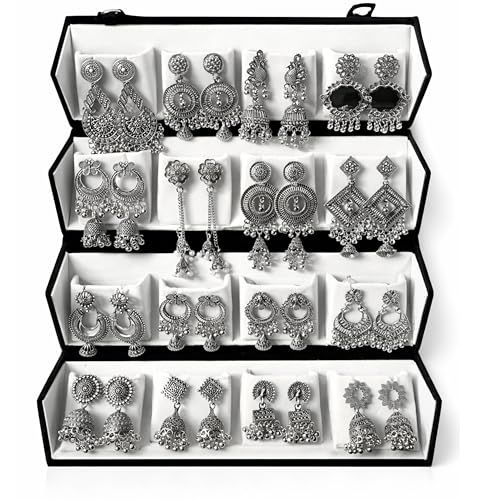 Image of Oxidized Designer Stud Earrings Set of 16 with Folding Jewelry Box | Traditional & Modern Earring Set for Women & Girls