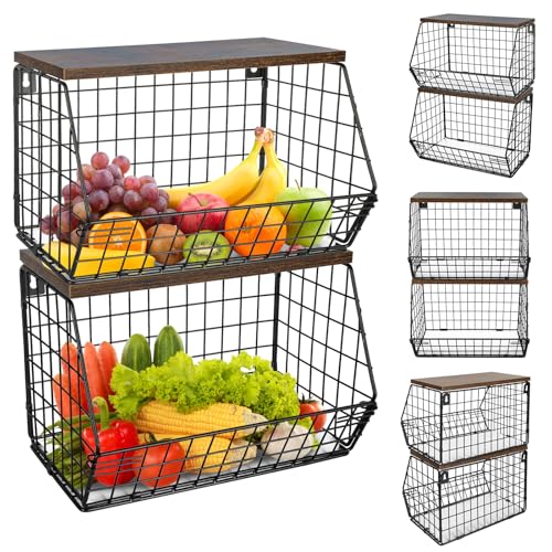 OHMG Panier à Fruit en Bambou,3 Étagespanier de Fruits,Corbeille à Fruits à 3 Étages,Support pour Le Rangement Des Légumes,Panier Legumes Rangement (Noir(2P), 30*15.5*21.6cm)