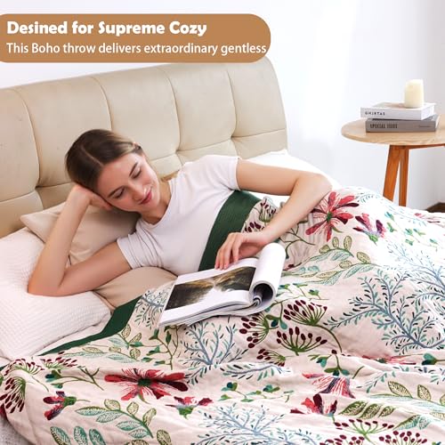 Image of VANJOROY Boho Throw Blanket, 100% Organic Cotton Breathable Ultra Soft 60 inch x 80 inch Bed Quilt Throw - All Season Floral Rustic Farmhouse Decor Luxury Reversible Blanket for Sofa Couch Chair and Gift