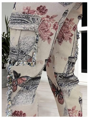 WDIRARA Men's Butterfly Floral Cargo Pants Frayed Trim Flap Pockets Pants Streetwear4