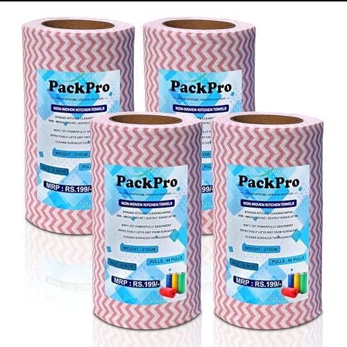 Image of Non-Woven Kitchen Towel Roll | Red | 320 Pulls | 80 Pulls x 4 Rolls | Washable, Eco-Friendly, Disposable Cleaning Towels for Home, Office, and Kitchen Use | Soft & Highly Absorbent