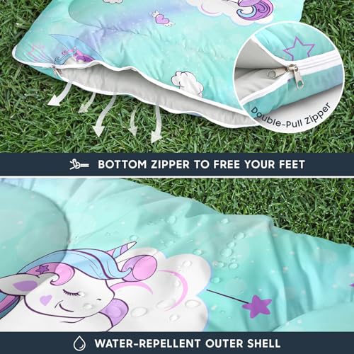 Wake In Cloud - Bolsa de Dormir para Niñas Pequeñas, Camping en Clima Templado, Ligera y Compacta para 3 Estaciones, Diseño Unicornio Arcoíris y Corazones miniatura 6