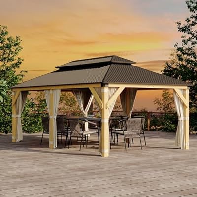 Hipicute 12' x 20'Hardtop Gazebo, Solid Wood Gazebo with Solid Spruce Frame and Aluminum Double Roof, Curtains and Netting Included, Outdoor Gazebos for Garden, Patio, Lawns, Parties