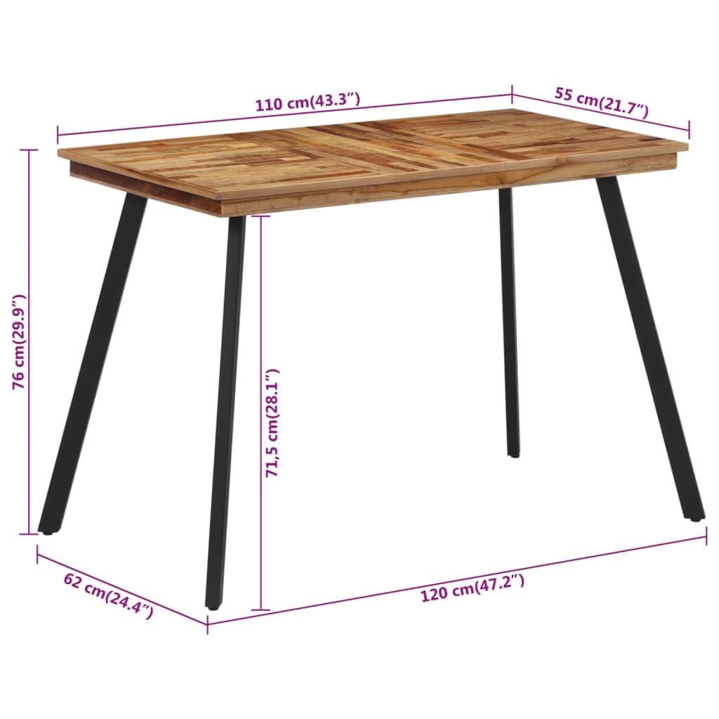 Generico Tavolo da Pranzo Rettangolare 120x62x76 cm in Legno Massello di Teak con Telaio in Ferro Nero, Piano Robusto per Cibo e Bevande, Sala da Pranzo o Cucina