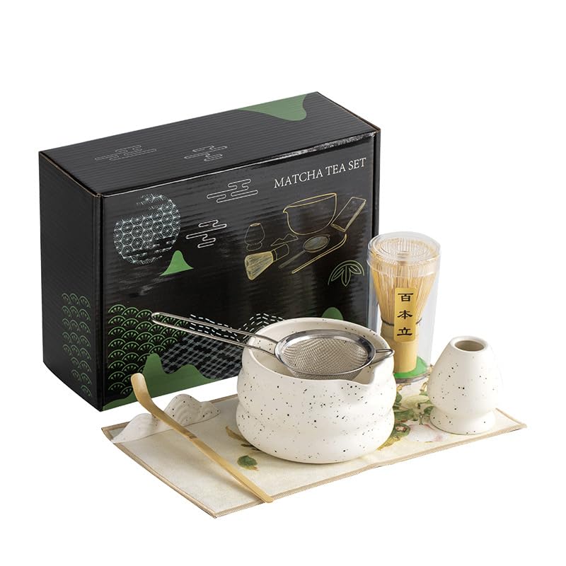 7 PCS Matcha Whisk Set Japanese Household Matcha Tea Set Matcha Tea Set for Making Breakfast/Matcha Latte Matcha Whisk and Bowl with All Accessories (White)
