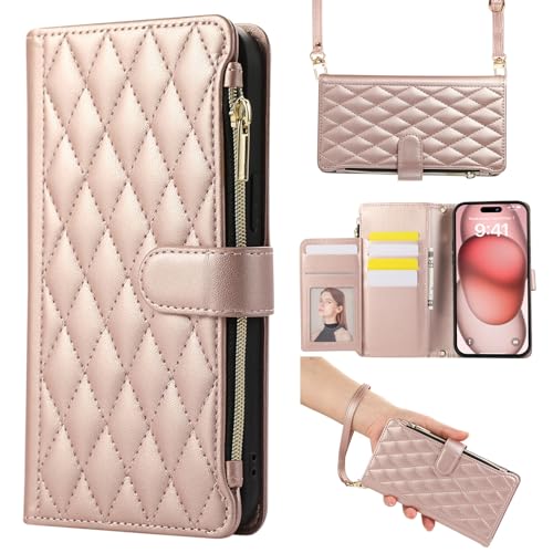 Étui iPhone 17 Pro or rose en cuir premium à rabat chic