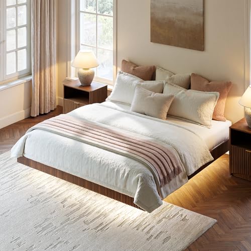 Image of Evermagin Walnut King Floating Bed Frame with led Lights, Fluted 14In High Platform Bed No Headboard, Mid Century Modern Float Metal Bedframe, No Box Spring Needed (Walnut, King-14in high)