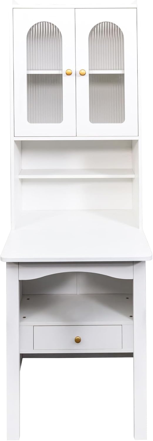 Convertible Desk Wood Folding Desk with Storage Shelves, Fold Out Writing Desk with Bookcase for Small Space Study Room, White