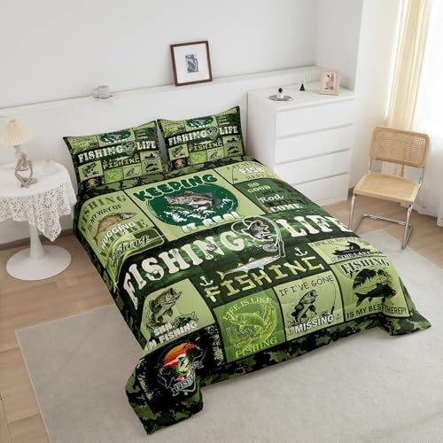 Image of Feelyou Kids Bass Fish Duvet Insert Full Size, Grenn Big Pike Comforter Set Boys Girls Hunting and Fishing Bedding Set Fisherman Teens Bedroom Decor Microfiber Bed Set