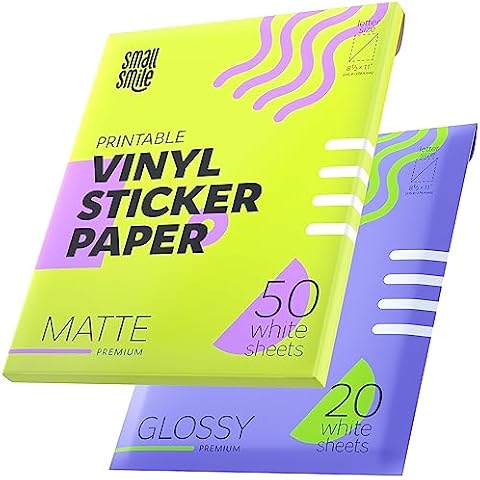 Premium Printable Vinyl Sticker Paper for Inkjet Printer and Laser - 20 White Glossy and 50 Matte Sticker Paper Waterproof - Durability Adhesive Paper 8.5 x 11, Great for Cutting Machines Cover