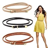 3 Stück Damen Schmaler Geflochtener Gürtel, Damen Dünner geflochtener Taillengürtel, Damen Kleidgürtel Schmaler, Gürtel für Kleid Jeans, Geflochtener Schmaler Gürtel mit Metallschnalle, Khaki, L