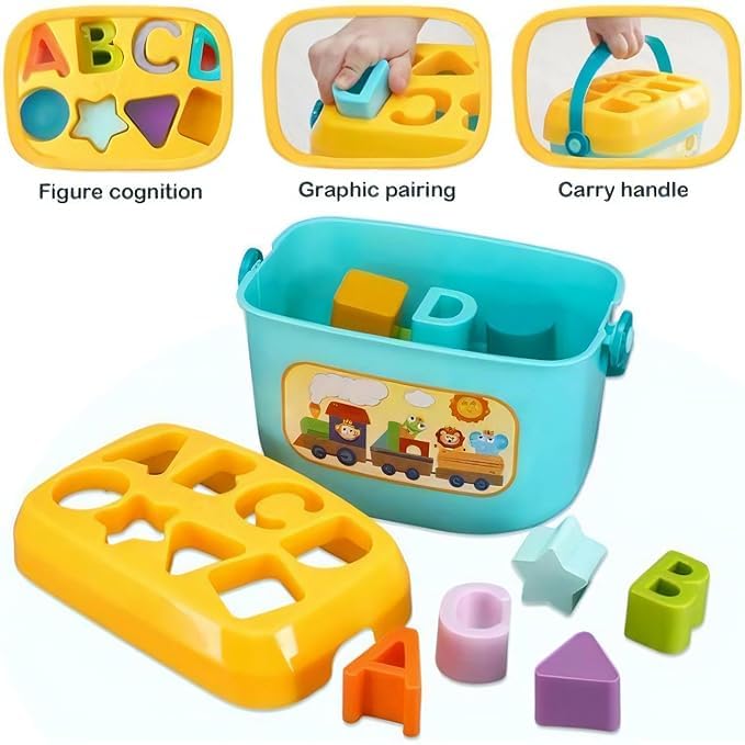 Image of Educational Activity Shape Sorter Baby and Toddler Toy, ABC and Shape Pieces,Colors Sorting Shape Game, Bucket Block Toys for 6 Months to 2 Years Old for Boys and Girls (Multicolor)