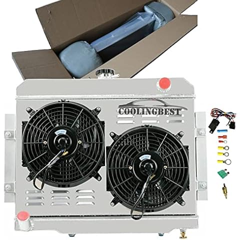 COOLINGBEST Aluminum Radiator for 1972-1986 Jeep CJ5 CJ6 CJ7 Scrambler L4 L6 V8 Engine 2.5 3.8 4.2 5.0 GAS 3 Row Core Radiators with Electric Fan Shroud Thermostat Kit Cover