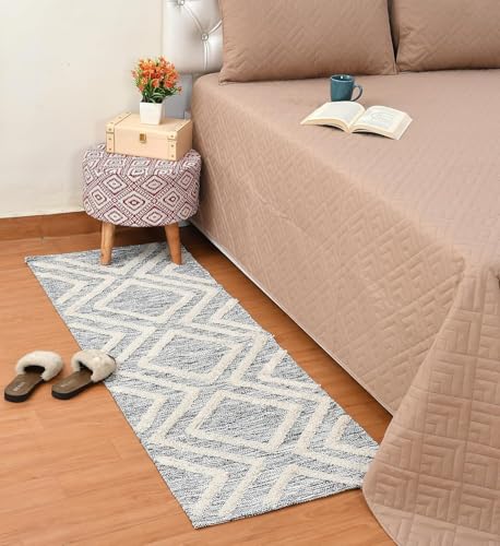GLOFY Hand Woven 100% Natural Cotton Rug Carpet Bed Side Runner for Bedroom, Living Room | 2x5 Feet, 60cm x 152cm (Black Tufted)
