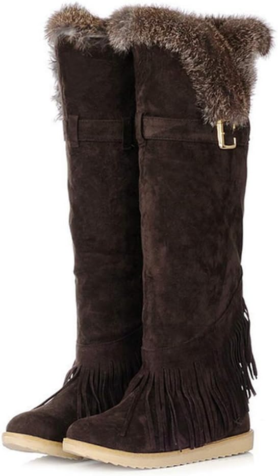 MIOKE Women's Winter Knee High Tall Snow Boots Fashion Buckle Fringe Waterproof Warm Fur Wide Calf Snow Boot
