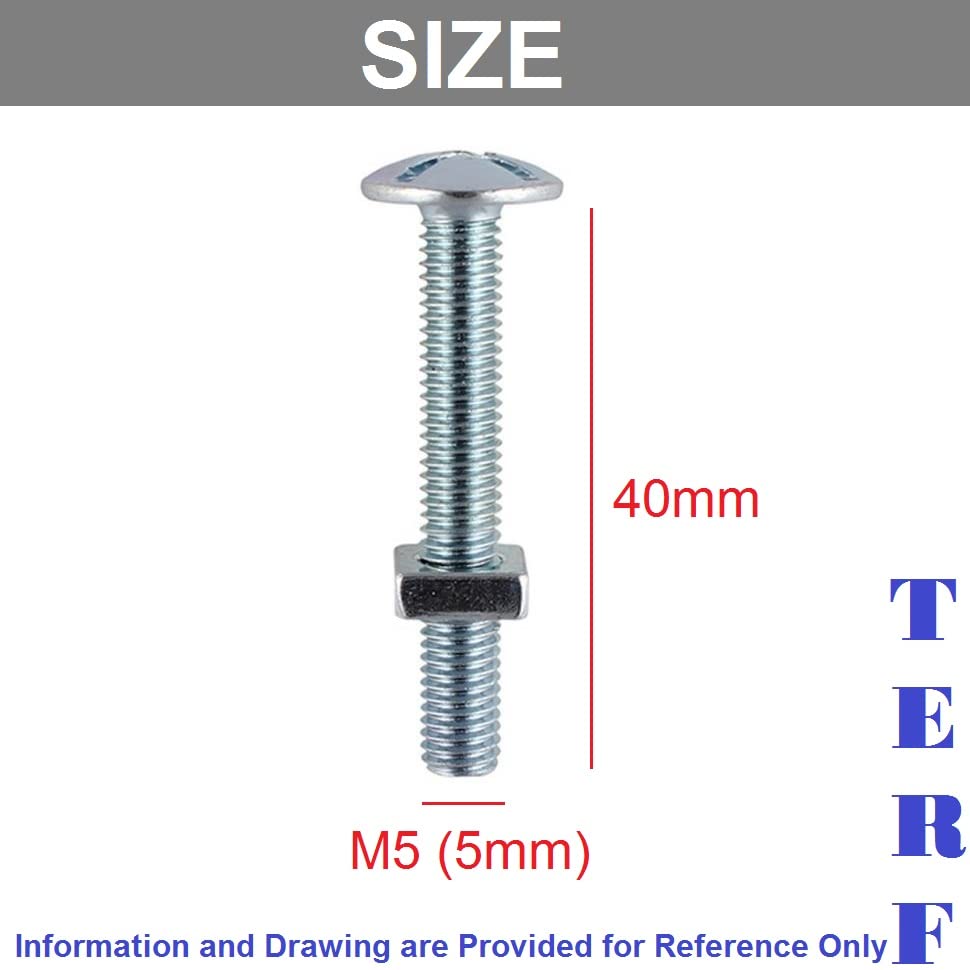 TERF® M5 X 40mm Roofing Bolt with Square Nut M5 (5mm) X 40mm Cross Slotted Mushroom Head with Square Nut - Pack of 20 - Image 3