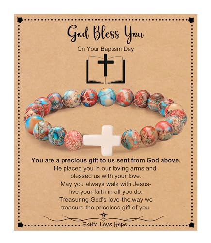 Image of Cross Bracelets for Women, Christian Gifts for Women Stocking Stuffers for Teens Cross Bracelet Imperial Nature Stone Bead Bracelet Confirmation Baptism Gift for Teen Girls Christmas Religious Gift Cathlic Faith Jewelry