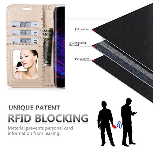 Fyy Leather Case With Mirror For Samsung Galaxy S8, Leather Wallet Flip Folio Case With Mirror And Wrist Strap For Samsung Galaxy S8 Black #TOP2