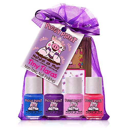 Piggy Paint | 100% Non-Toxic Girls Nail Polish | Safe, Cruelty-Free, Vegan, & Low Odor For Kids | Tiny Tiaras (4 Polish + Nail Art Gift Set) #TOP18