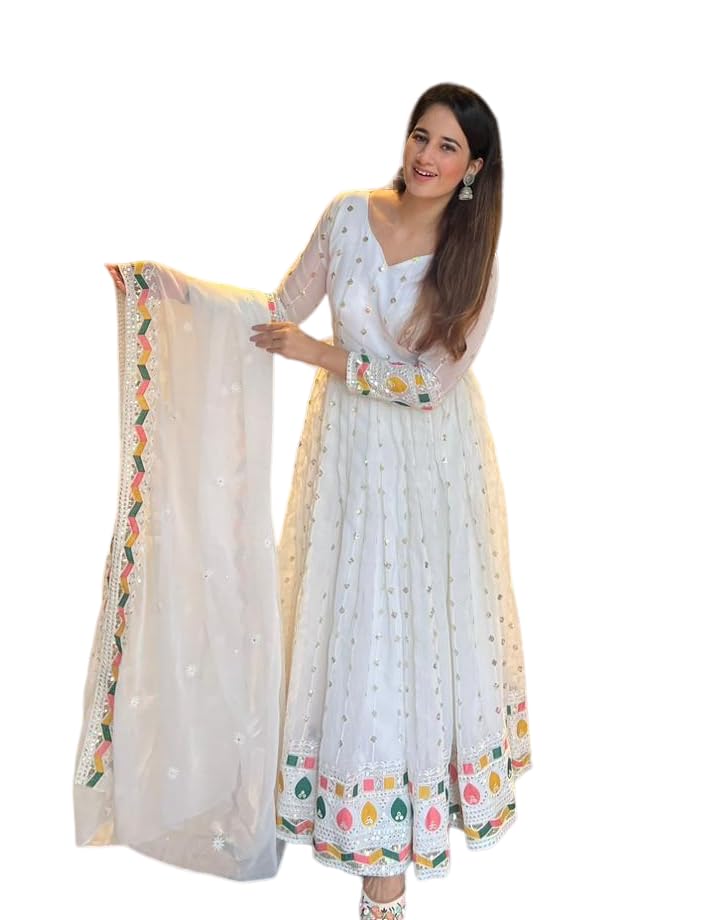 Womens Sequence with Embroidery Work Fox Georgette Maxi Dress Ethnic Wear Comfortable Round with V Neck Gown with Dupatta & Pant Pair (O_M_G_56170)-image-48