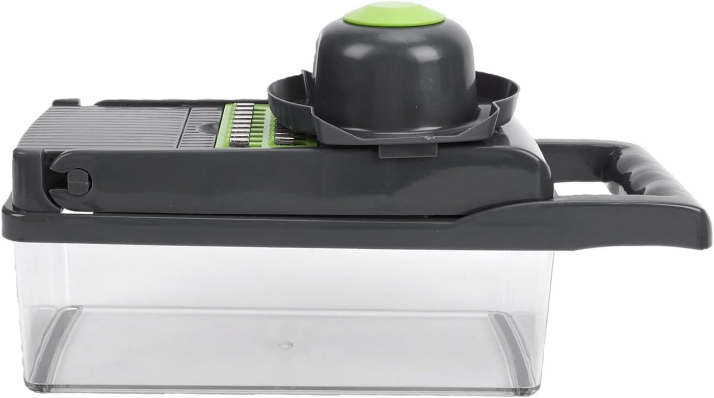 Mumusuki Vegetable Chopper, Mandoline Slicer with 5 Interchangeable Cutters and Safety Hand Guard, 2 Stainless Steel Blades for Slicing Shredding Grating, Food Grade ABS Plastic, 1.5L