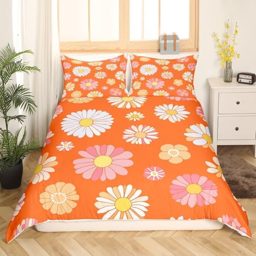 Homemissing Super King 60s 70s Fashion Retro Bed Set Hippie Flower Duvet Cover Retro Bohemian Plant Flower Comforter Cover Set Plant Flower Orange Set Comforter Cover Set - Image 2