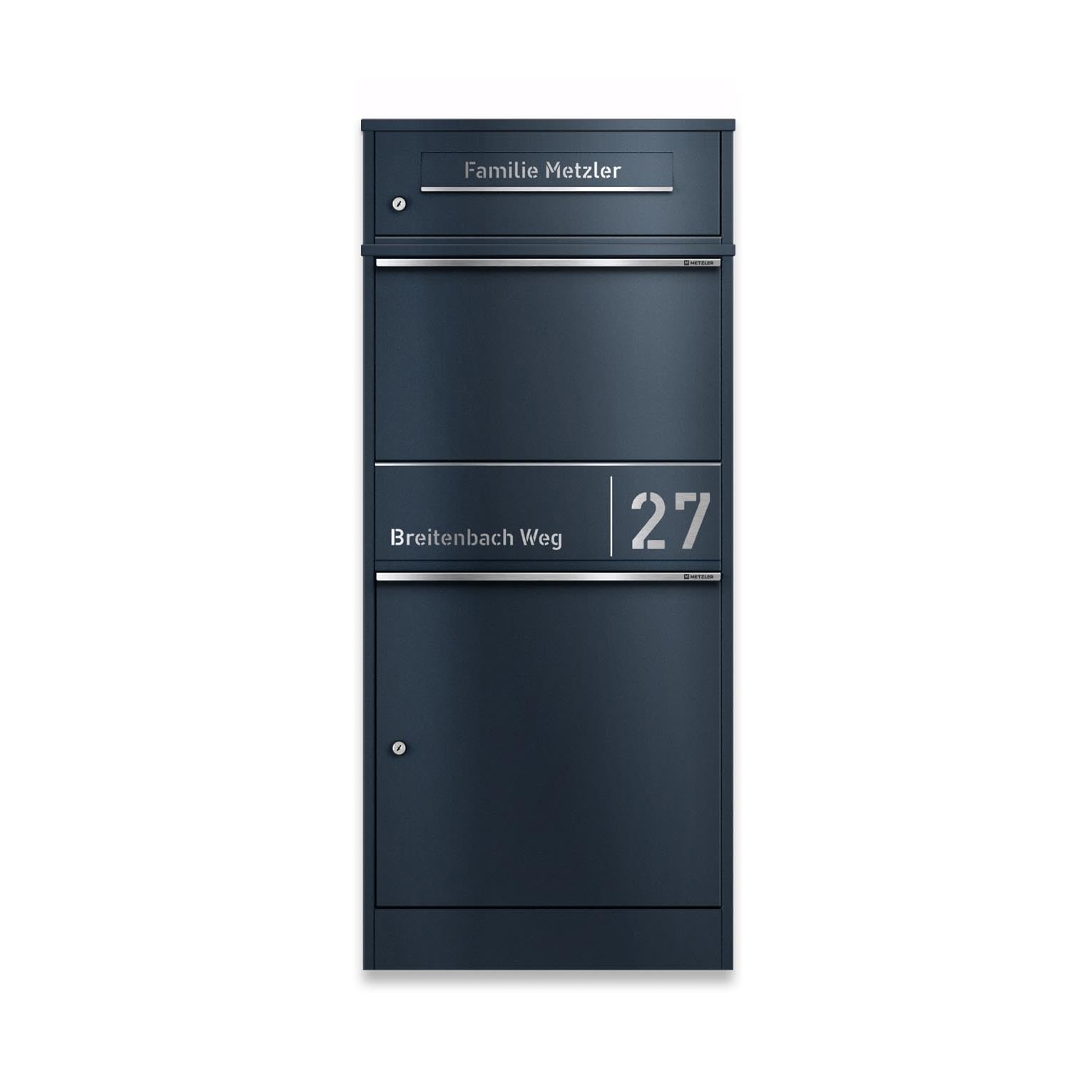Metzler Paketbox draussen groß in Anthrazit - Briefkasten mit Paketfach personalisiert mit Gravur - Standbriefkasten mit Edelstahl Namensschild pulverbeschichtet in RAL 7016 rostfrei und massiv