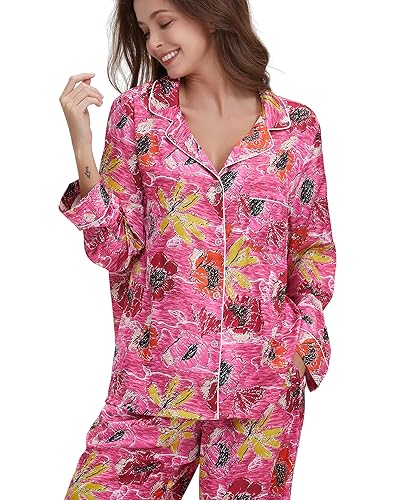 Image of YiNi LuLu Womens Silk Satin Pajamas Set Button Down 2 Piece Pjs Long Sleeve Oversized Sleepwear with Pockets