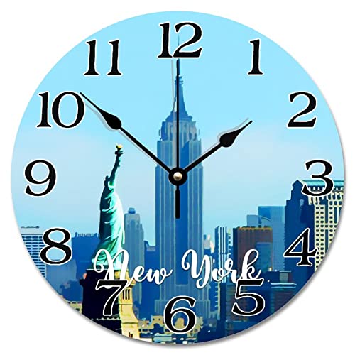 New York Usa Cityscape Wall Clock New York Scenery Travel 12 Inch Large Wall Clocks Battery Operated Silent Country City Souvenir Farmhouse Wall Decor For Kitchen Bedroom Living Room Classroom #TOP26