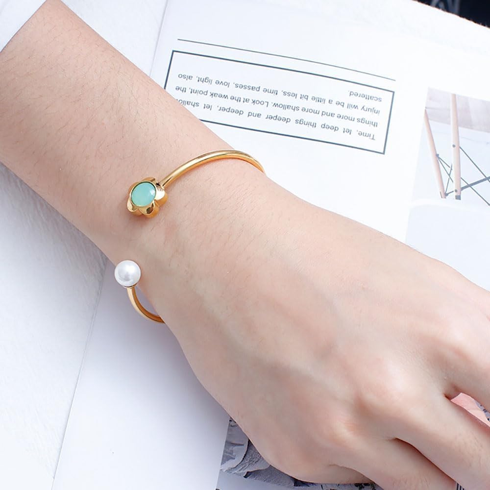 14K Gold Freshwater Pearl Open Cuff Bangle for Women,Dainty Green Greenstone Open Bangle Bracelet,Fashion Christmas Jewelry Gift for Her