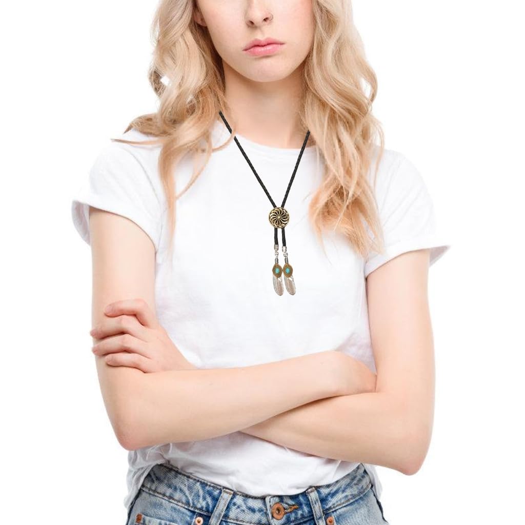 Cravatte da Cowboy, Collana con Ciondolo Forma di Piuma, Pelle, Motivo Floreale(Silver 607)