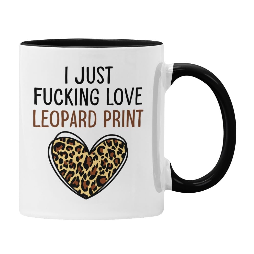 Plumfoolery I Just Love Leopard Print Mug or Coaster, Funny Animal Print Obsessed | Dishwasher Safe Ceramic 11oz Coffee Cup | Handprinted in The UK (Black Mug)