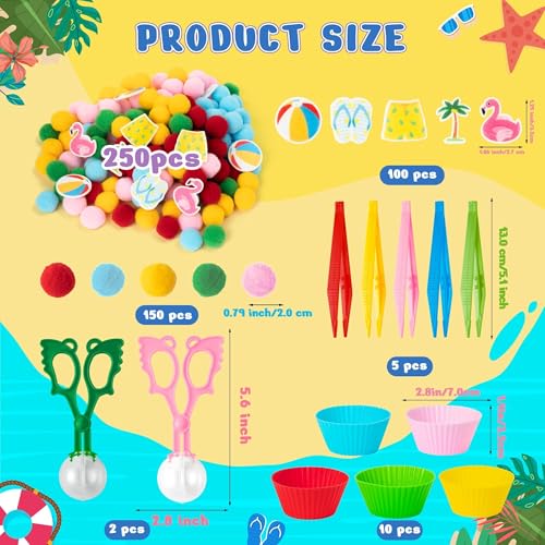 Image of EZdhuawuse Summer Sensory Bin Fillers - 268Pcs Summer Beach Fine Motor Toys Counting Sorting for Kids, Felt Beach Ball Palm Tree Pom Poms Cup Clip for Preschool Education Birthday Gift Party Favors
